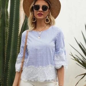 Zara Blue and White Striped Blouse with Lace Detail